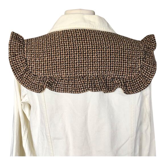 POL White Denim Jacket Ruffle Tweed Collar Frayed Hem Button Front Size Small - Picture 5 of 7